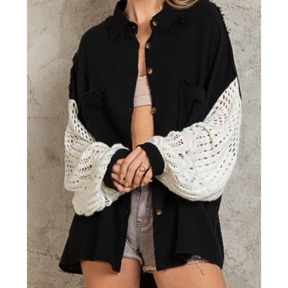 POL Black Gauze Oversized Button Down Shirt White Crochet S Boho Lagenlook Fall